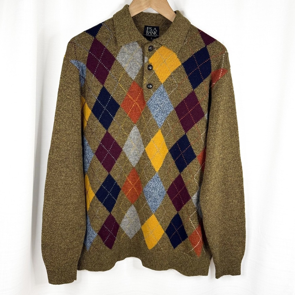 Vintage 90s Jos A Bank Lambswool Argyle Sweater Mens M Polo Suede Elbow Patch